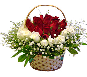 Temelli �i�ek�i ma�azas�  Sepet i�erisinde kirmizi ve beyaz g�ller ile hazir