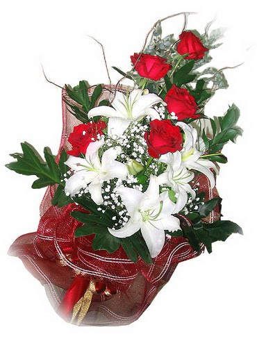 Temelli �i�ek�i ma�azas�  5 adet kirmizi g�l 1 adet kazablanka �i�egi buketi