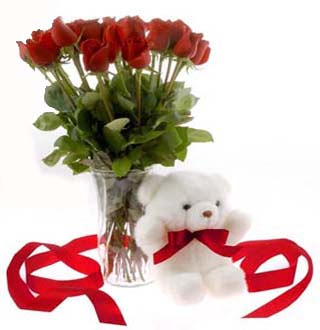 Ankara Temelli �i�ek yolla , �i�ek g�nder , �i�ek�i   12 adet kirmizi g�l ve pelus ayicik