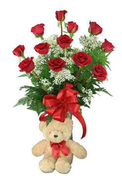 10 adet vazoda kirmizi g�l ve 12 cm ayi Temelli �i�ek sat��� , �i�ek�i , �i�ek�ilik 