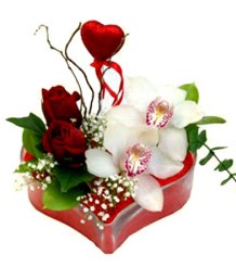 Ankara Temelli �i�ek yolla , �i�ek g�nder , �i�ek�i   mika kalp i�inde 2 g�l 1 kandil orkide kalp �ubuk