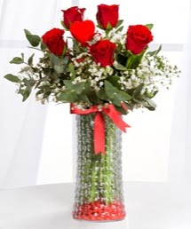 Cam vazoda 5 adet k�rm�z� g�l kalp �ubuk Temelli Ankara hediye sevgilime hediye �i�ek 