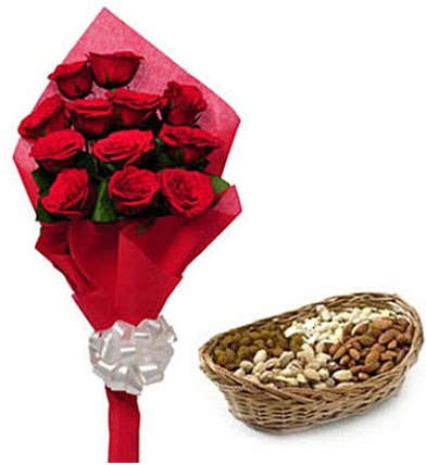 11 adet k�rm�z� g�l ve sepette kuruyemi� Ankara Temelli kaliteli taze ve ucuz �i�ekler 