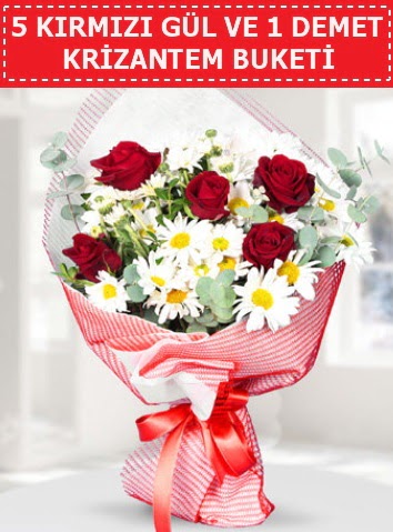 5 adet k�rm�z� g�l ve krizantem buketi Ankara Temelli 14 �ubat sevgililer g�n� �i�ek 