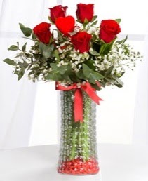 Cam vazoda 5 adet k�rm�z� g�l kalp �ubuk Temelli Ankara hediye sevgilime hediye �i�ek 