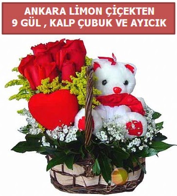 Kalp �ubuk sepette 9 g�l ve ay�c�k Temelli Ankara �i�ek g�nder uluslararas� �i�ek g�nderme  