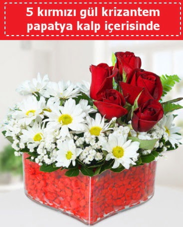 mika kalp i�erisinde 5 k�rm�z� g�l papatya Ankara Temelli cicekciler , cicek siparisi 